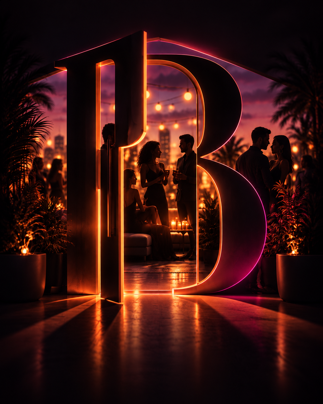 The PhunBook monogram opening into an evening social gathering